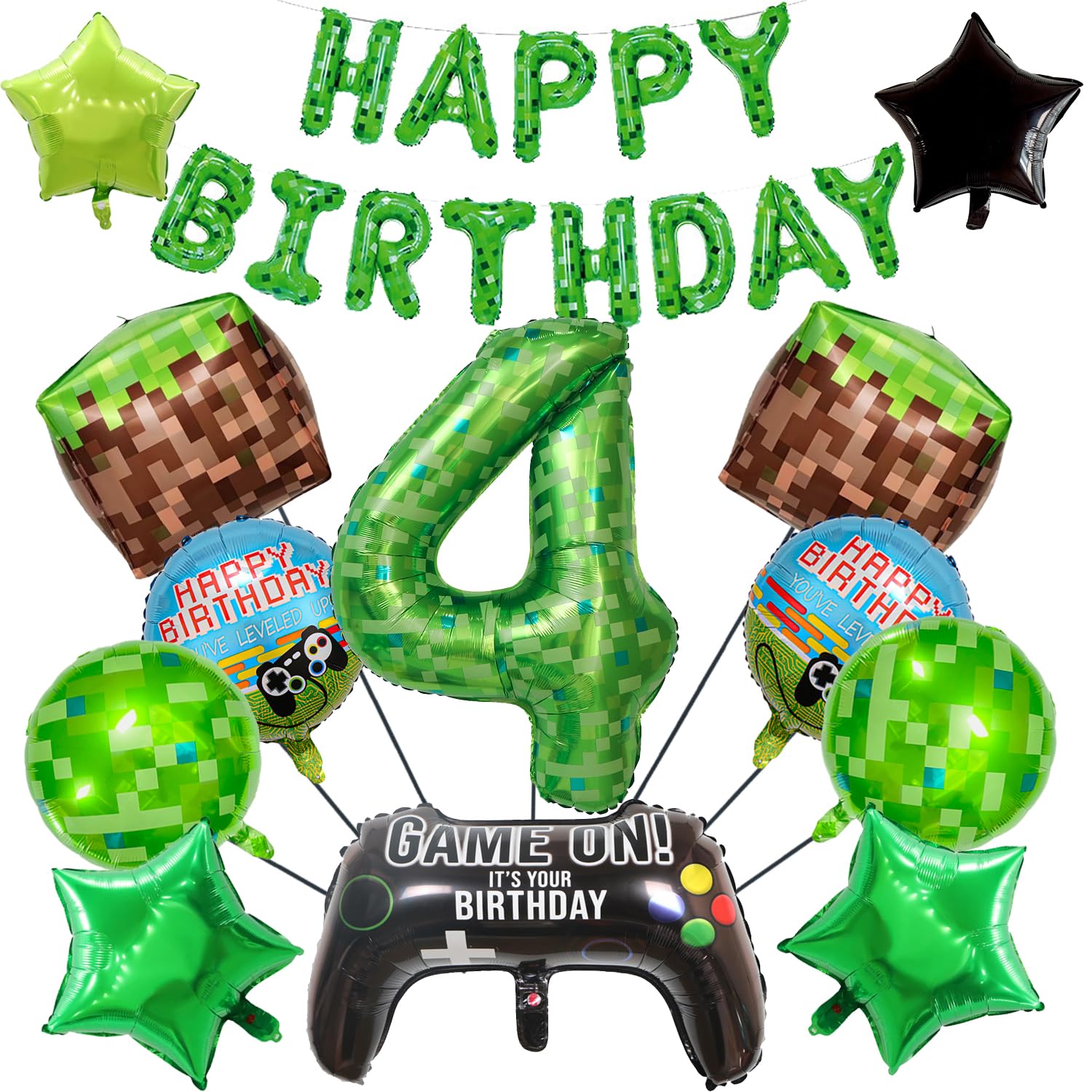 Finypa 25 Pieces Video Game Birthday Party Balloons Pixel Game Set with Happy Birthday Banner,40 Inch Number Foil Balloon, Grass Block Balloons,Gamepad Balloon for Kids Boys Gaming Party (4th)
