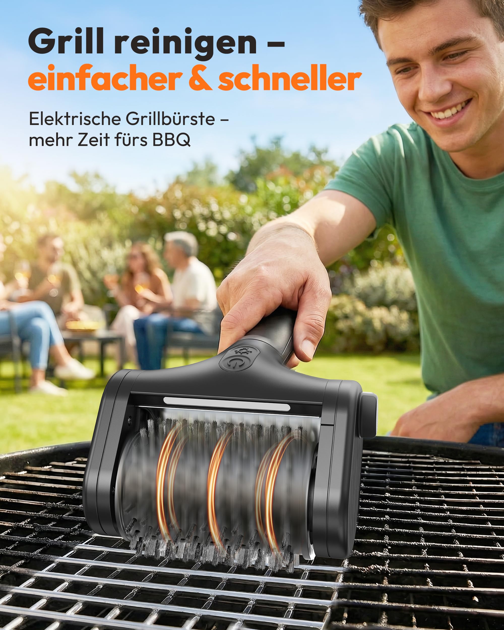 Elektrische Grillbürste Kabellos, 2 Geschwindigkeiten Grillreiniger | USB-C Wiederaufladbar 150 Min, Wasserdicht, LED Licht, Edelstahl-Bürste, Elektrischer Grillreiniger für BBQ & Grillrost