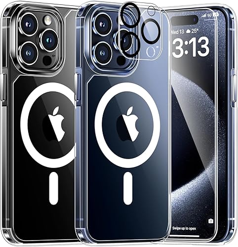 TAURI Funda magnética 5 en 1 para iPhone 15 Pro Max, transparente, con 2 protectores de pantalla HD + 2 protectores de lente de cámara, [protección