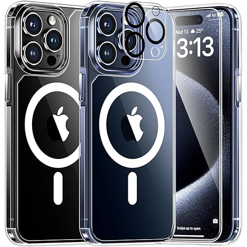 TAURI 5 in 1 Magnetic for iPhone 15 Pro Case Clear, [Designed for Magsafe] with 2X Screen Protector +2X Camera Lens Protector, [Not-Yellowing] Slim Shockproof Case for iPhone 15 Pro