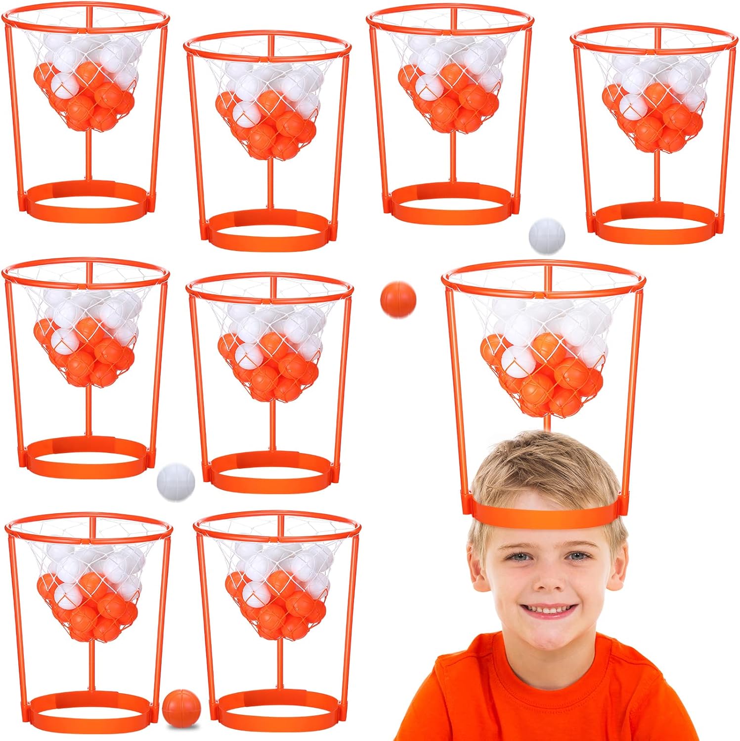12 Pcs Head Hoop Basketball Party Game Set for Kids and Adults Portable Adjustable Basket Net Headband with Balls for Birthday Carnival Christmas Office Indoor Outdoor Activity (Orange)