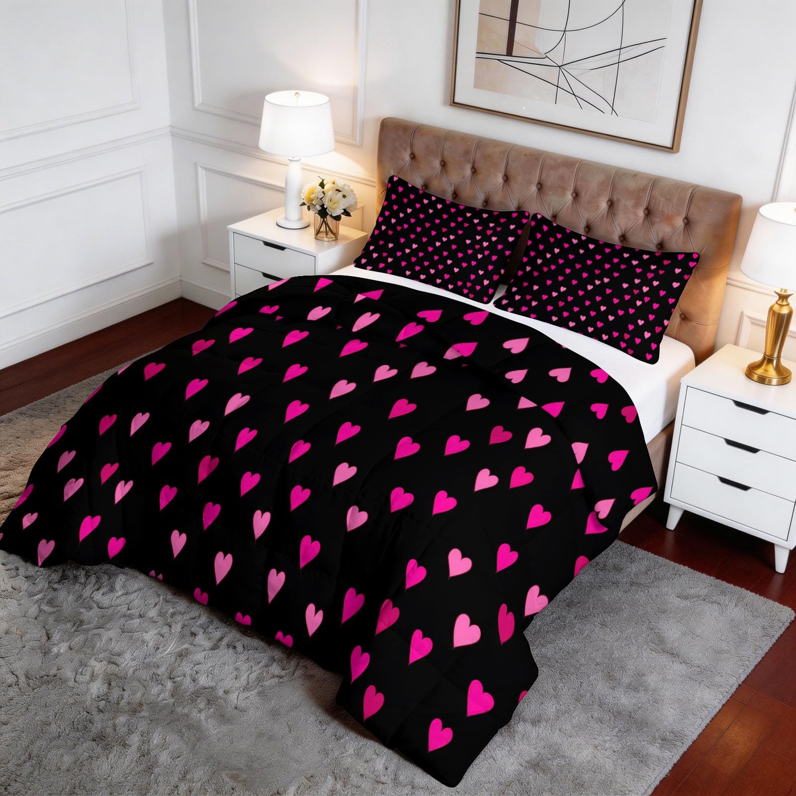 Trapunta 4 stagioni 240 x 260 cm Cuori Rosa Tema Romantico Trapunta Temperata Cotone Edredon Ultra Gonfiante con 2 Federe Cuscino per Allergico