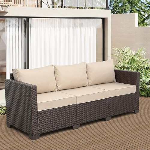 Miniatura 3 de Rattaner Muebles de patio, sofá de mimbre de 3 asientos, muebles de exterior, sofá de exterior, asiento profundo, respaldo alto, funda impermeable,