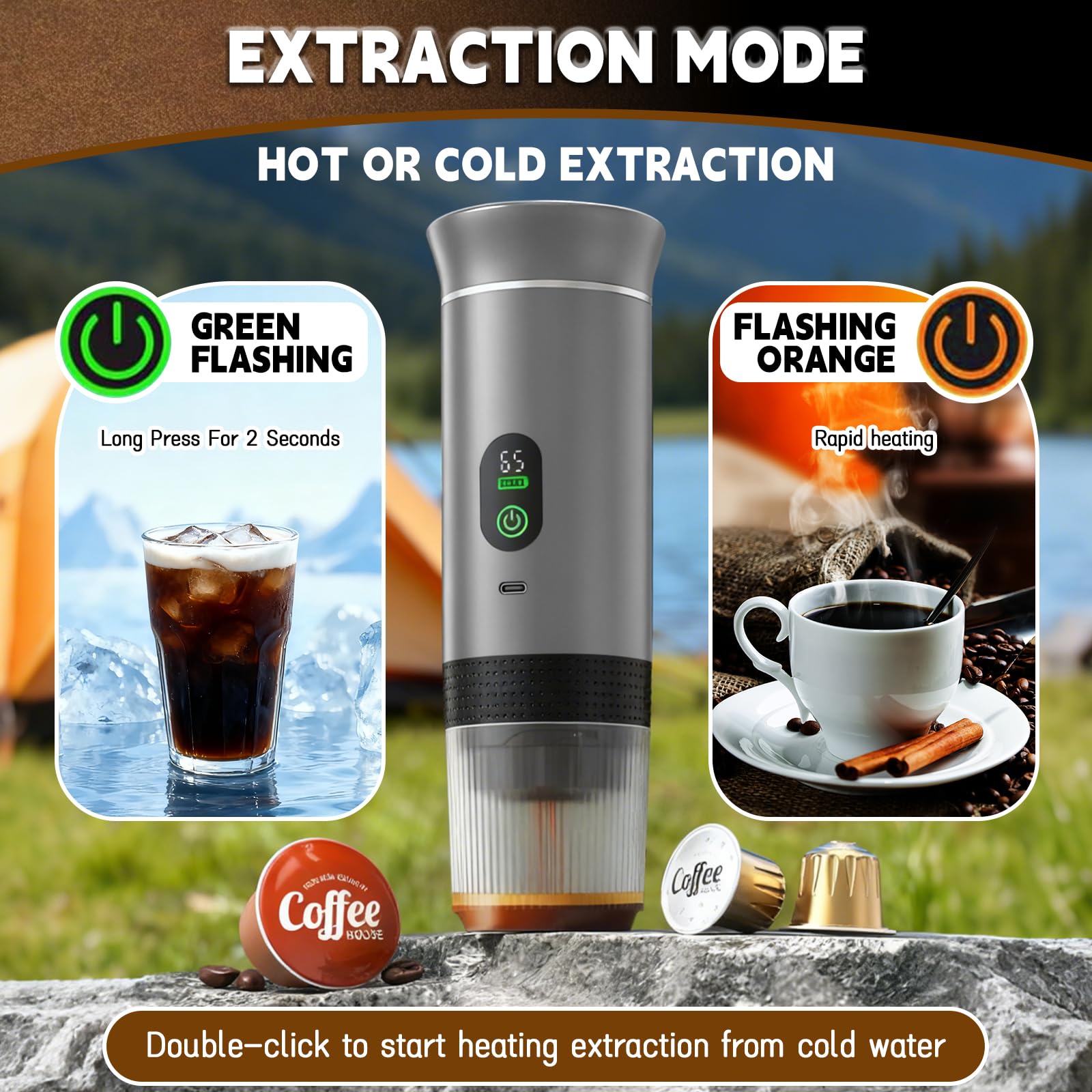 Cafetera espresso portátil compatible, mini cafetera 3 en 1 con batería | con cápsulas grandes, cápsulas pequeñas y café en polvo, calentamiento rápido, cafetera automática con pantalla