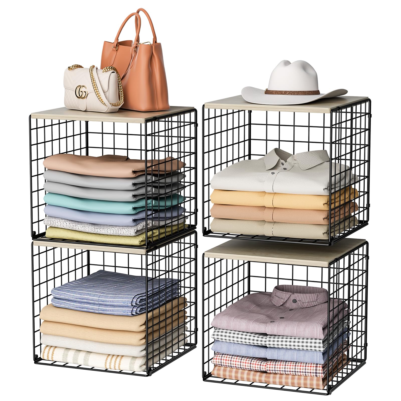 Hencawima 4-Tier Stackable Closet Organizers and Storage Basket, Shelves with Wood Top, Foldable Clothes Storage Bin/Cube Drawer Organizer for Wardrobe, Space-Saving, Closet Organization,Black