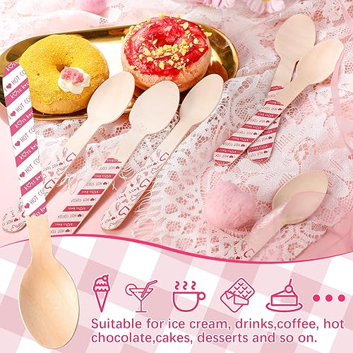 Miniatura 5 de Eaasty 100 Pcs Valentine's Day Wooden Hot Chocolate Spoons Hot Cocoa Marshmallow Romantic Wooden Bar Stirring Spoons Valentine's Day Heart Pattern