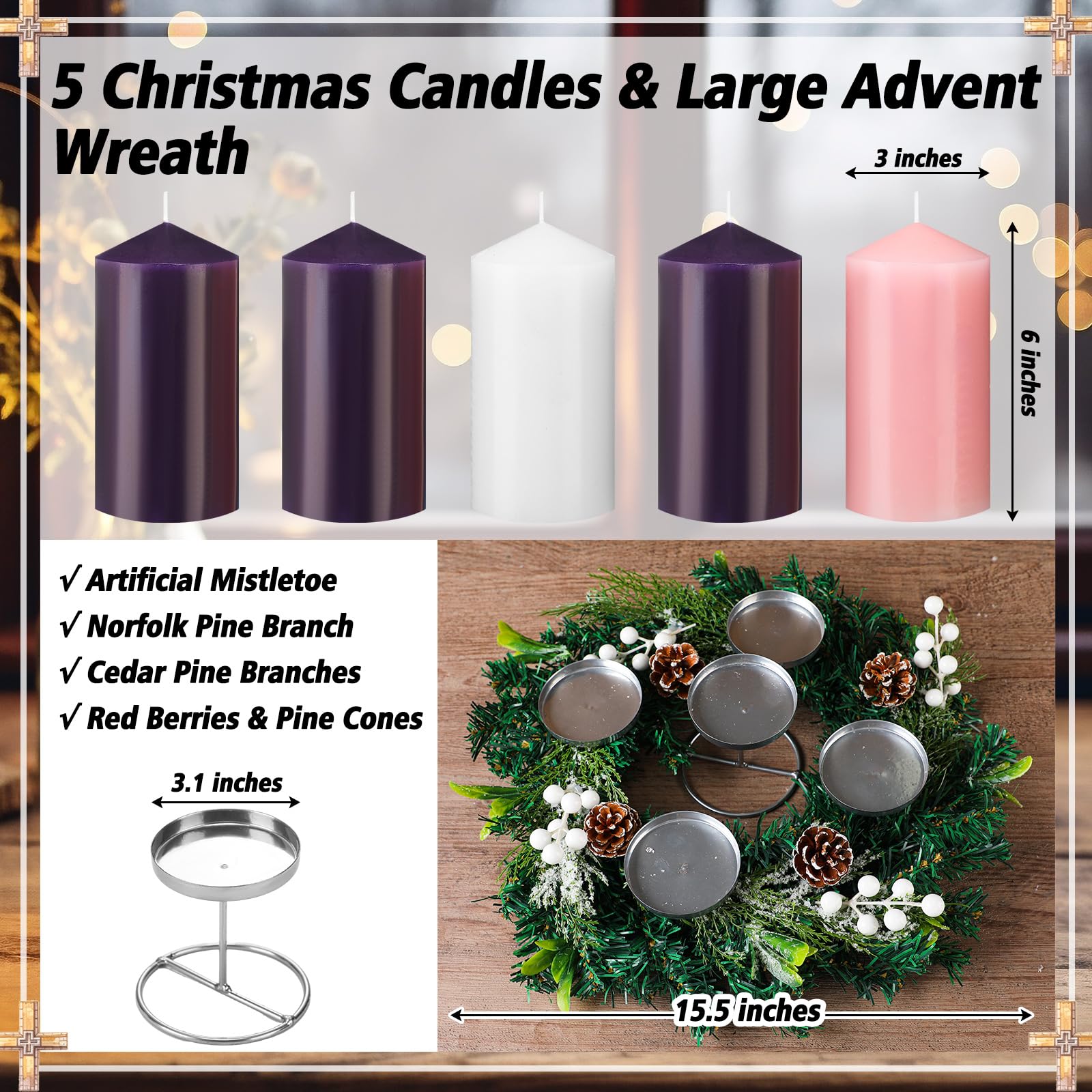 Knitgrip Juego de 7 coronas de Adviento de Navidad con velas de pilar de 3 x 6 pulgadas, candelabro rústico de corona de Adviento y velas de pilar, centro de mesa de Navidad sin perfume, decoración de