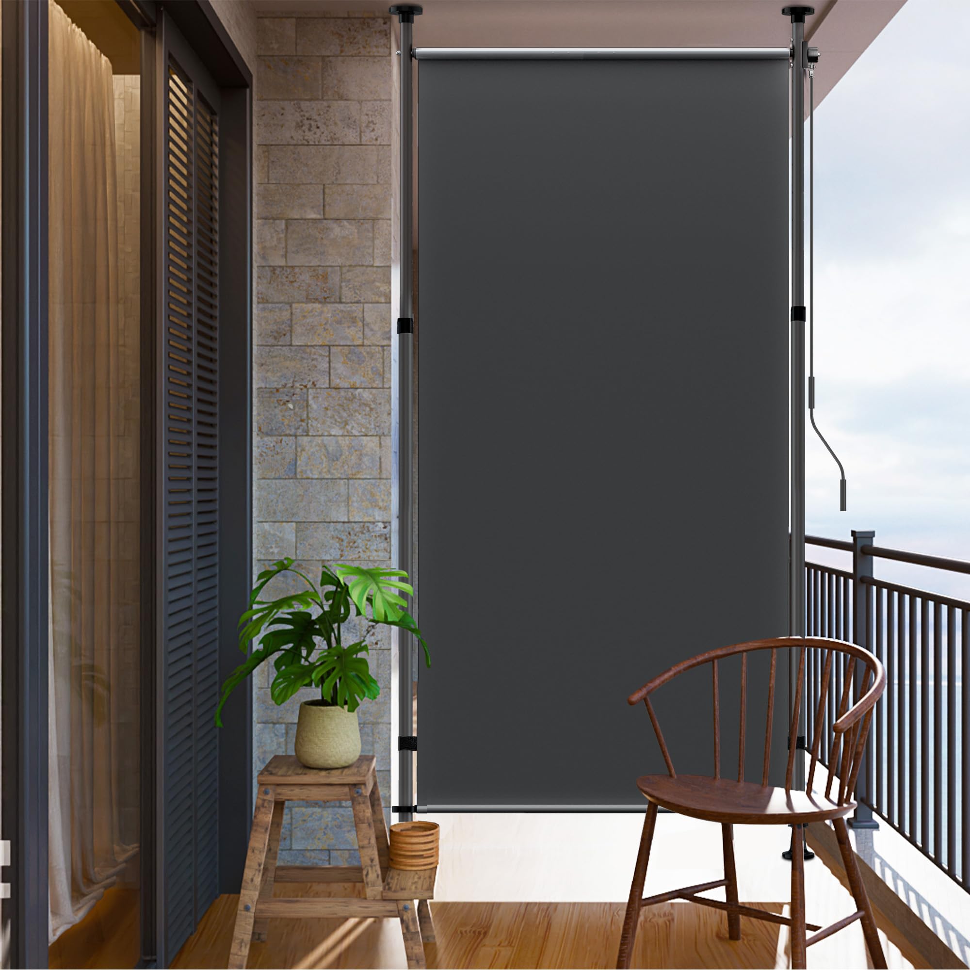 BelleMax Senkrechtmarkise Balkon außen ohne Bohren, 200x270cm Vertikalmarkise Balkonrollo Außenrollo Mit Kurbel, Markise für Terrasse, Sichtschutz Sonnenschutz Windschutz und Wasserfest Dunkelgrau