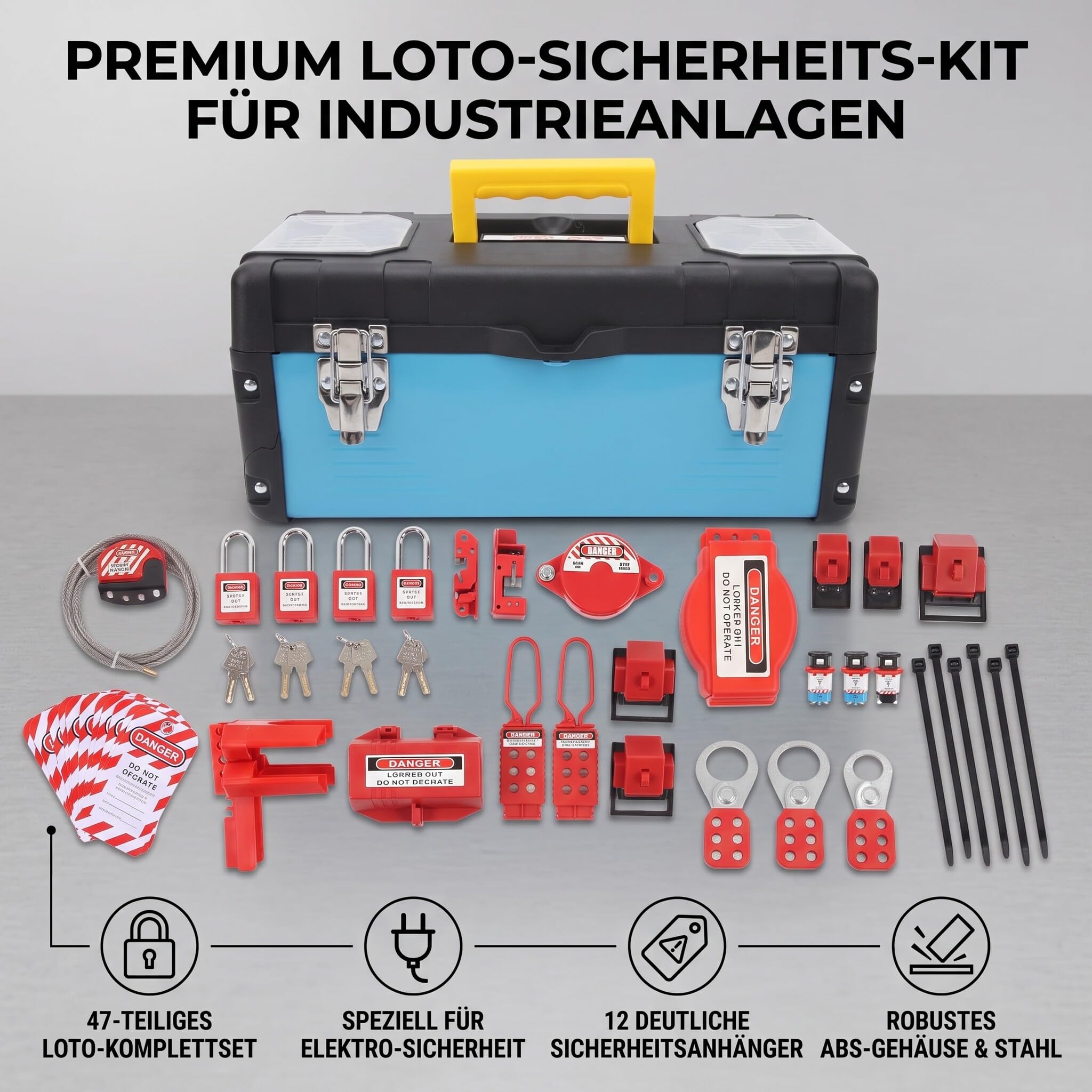 Kit de Seguridad Industrial de 47 Piezas con Candados, Etiquetas de Bloqueo Eléctrico LOTO, 12 Etiquetas de Seguridad, Bridas para Cables