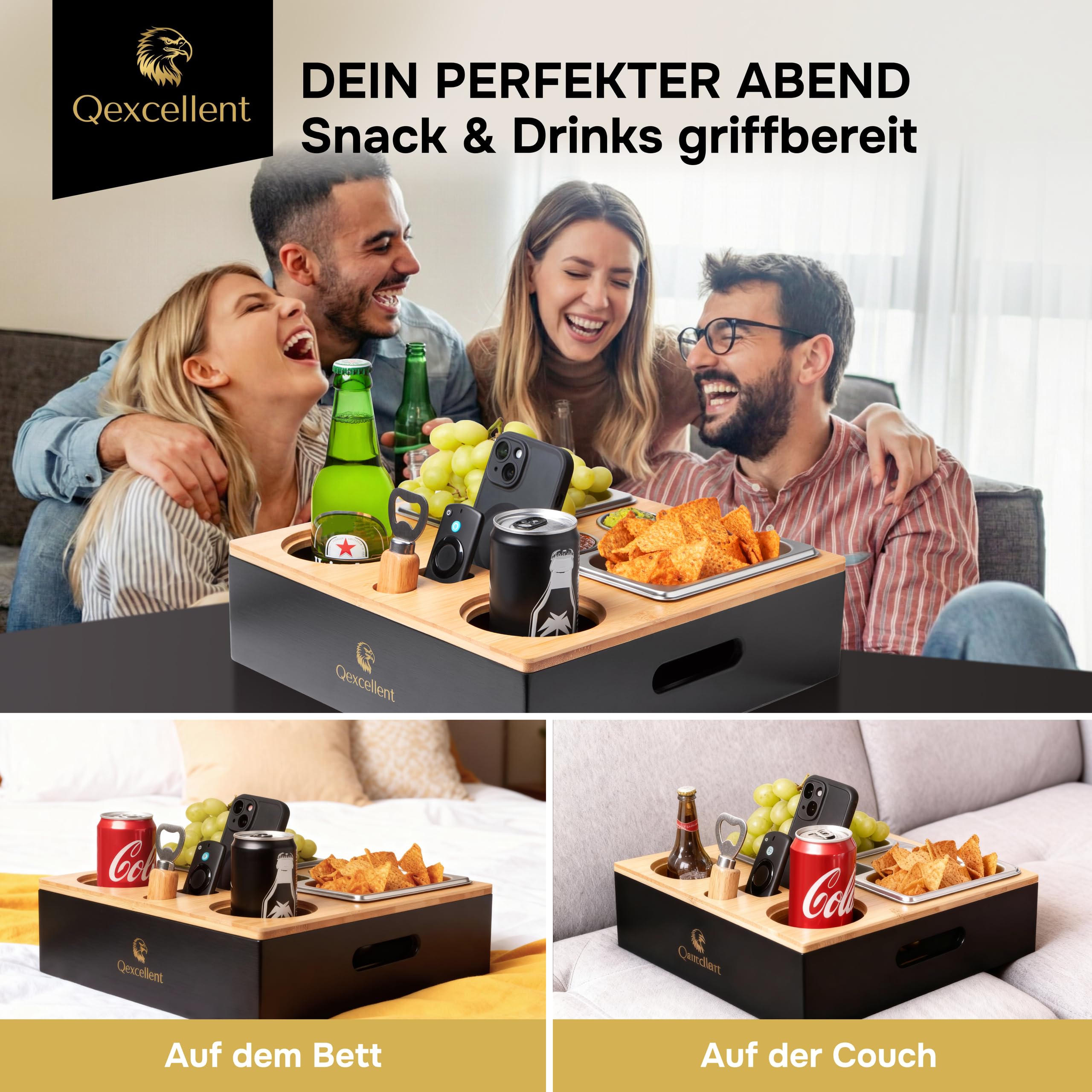 Couchbar Boîte à goûter avec compartiments - Plateau de service 3 en 1 et porte-gobelet - 4 bols en acier inoxydable pour collations et sauces - Cadeaux pour femmes et hommes, organisateur