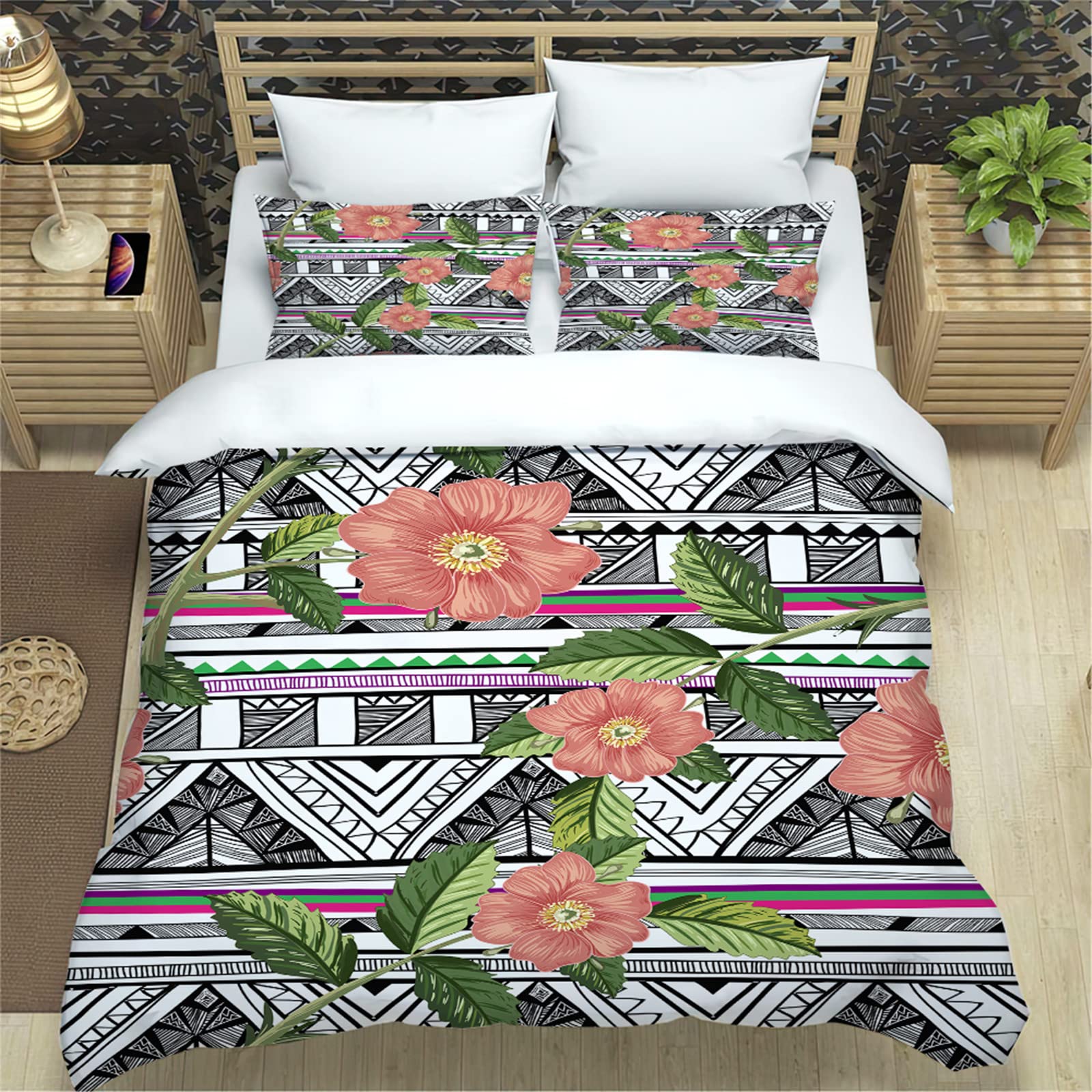 Hixingo 3D Floreale Set di Biancheria da Letto in Microfibra, Morbida Traspirante Set Copripiumino e Federe Adatto e Bambini Adulti (220x260cm,Boemia Triangolo)