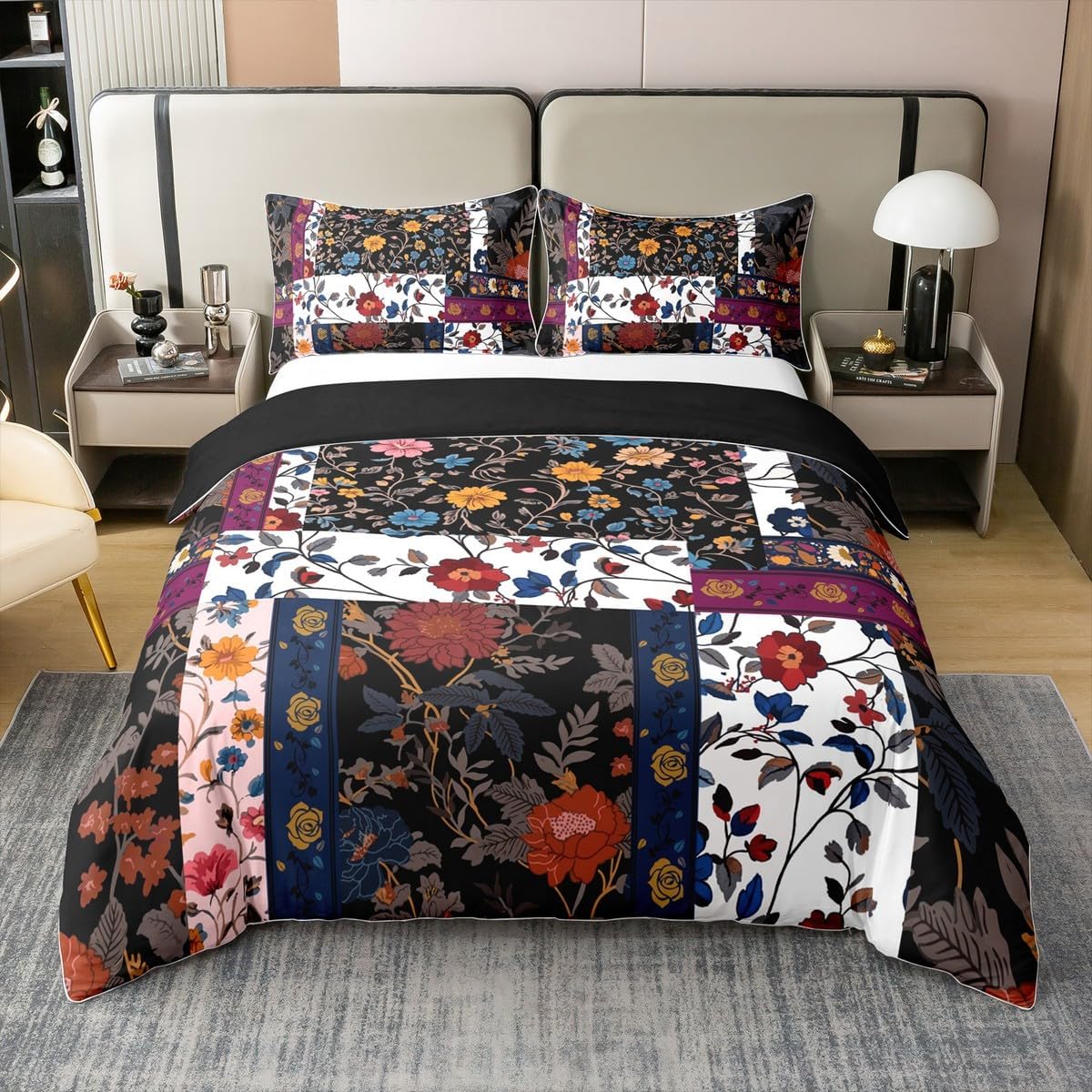 Feelyou Floral Duvet Cover 100% Cotton King Size Boys Girls Patchwork Floral Bedding Set Breathable Soft Botanical Flowers Comforter Cover 3Pcs Vintage Flowers Bedroom Decor Microfiber Zipper Closure