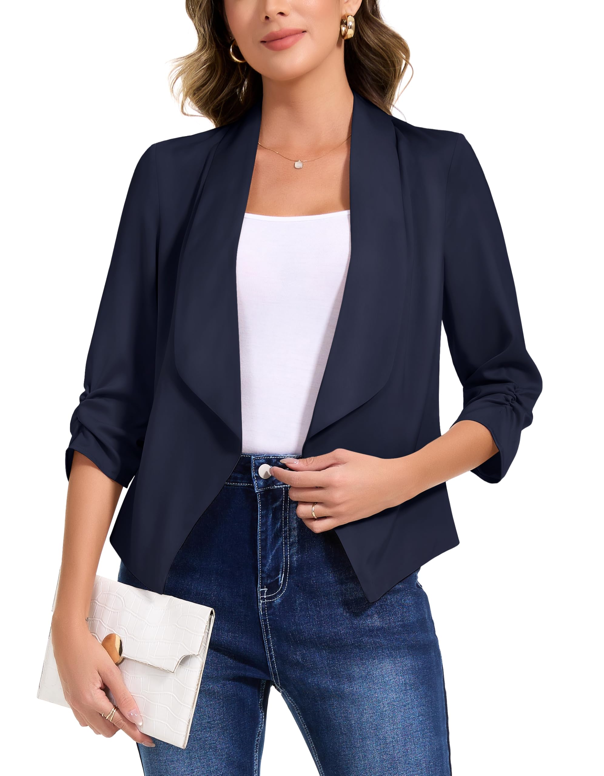 Anienaya Women's Silky Satin Lightweight Blazer 3/4 Ruched Sleeve Casual Cropped Open Front Cardigan