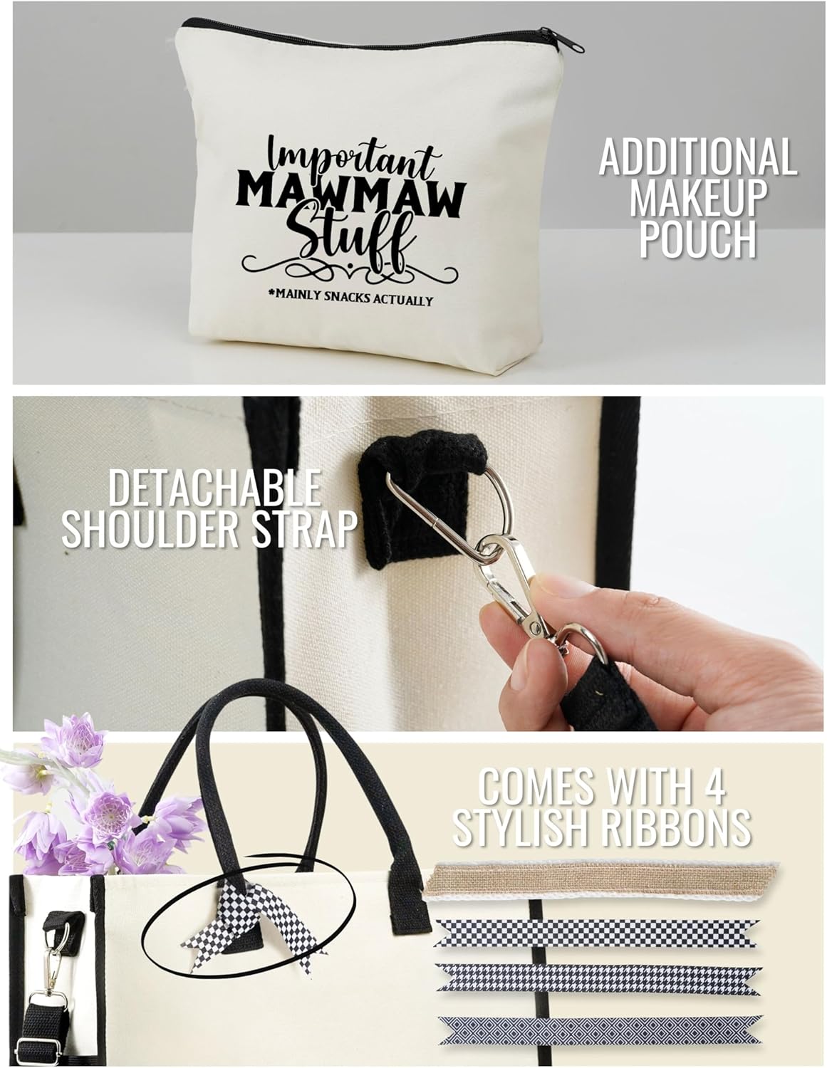 InnoBeta Mawmaw Gifts Canvas Tote Bag, Important Mawmaw Stuff Bag with Top Zipper Closure and Shoulder Strap for Birthday, Mother's Day, Christmas - Image 4
