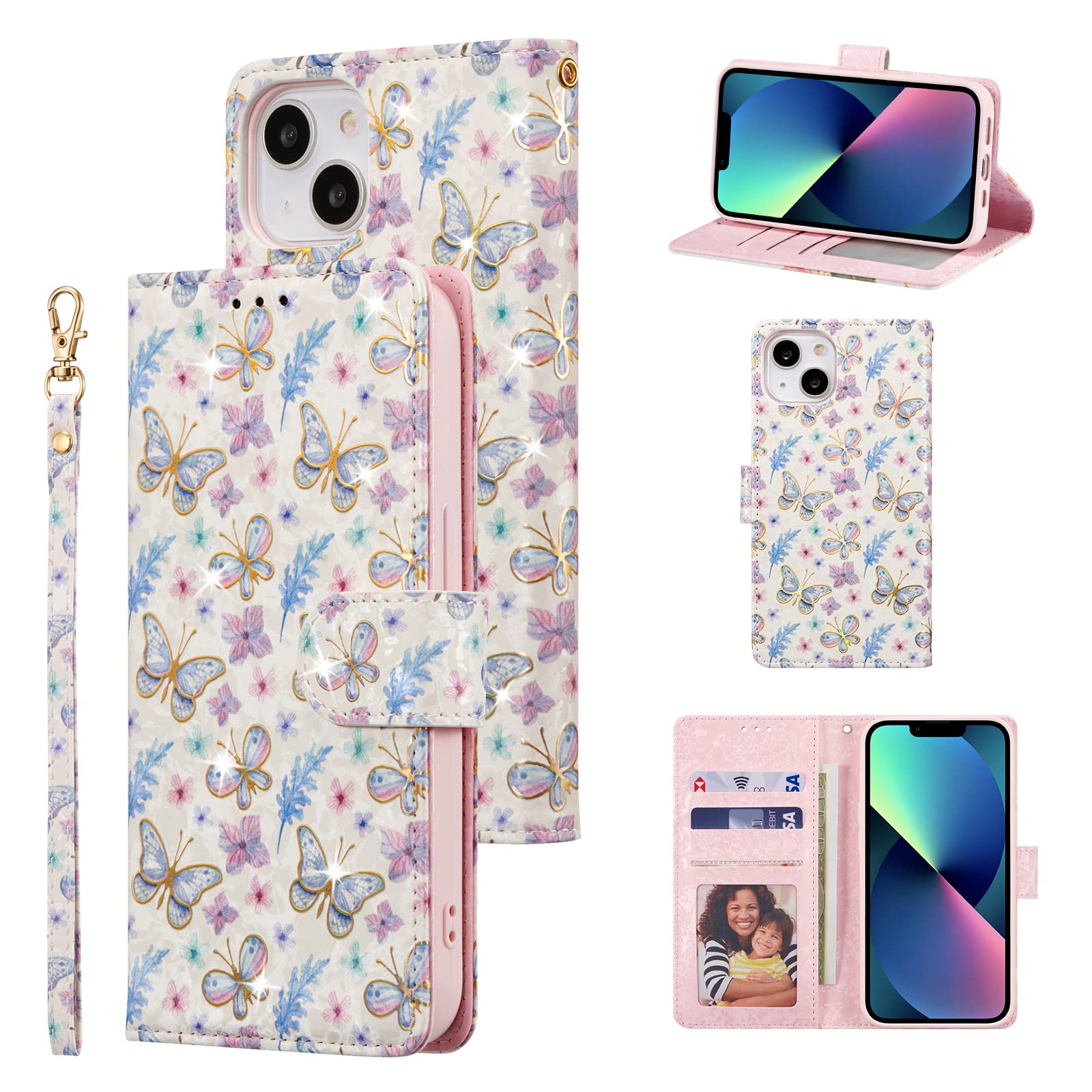 UEEBAI Wallet Case for iPhone 13, PU Leather Phone Cover Kickstand RFID Blocking Flip Case Card Slots Wrist Strap Relief Engraved Pattern Magnetic