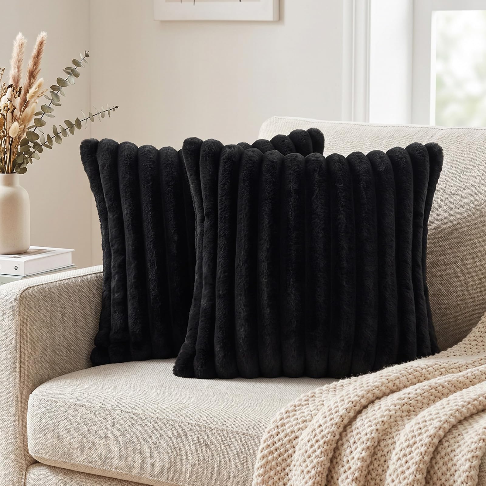 Xqzbmt 2 Pack 45x45 cm Faux Fur Fluffy Cushion Covers, Black Plush Striped Decorative Pillowcases for Sofa Bed Living Room Home Decor