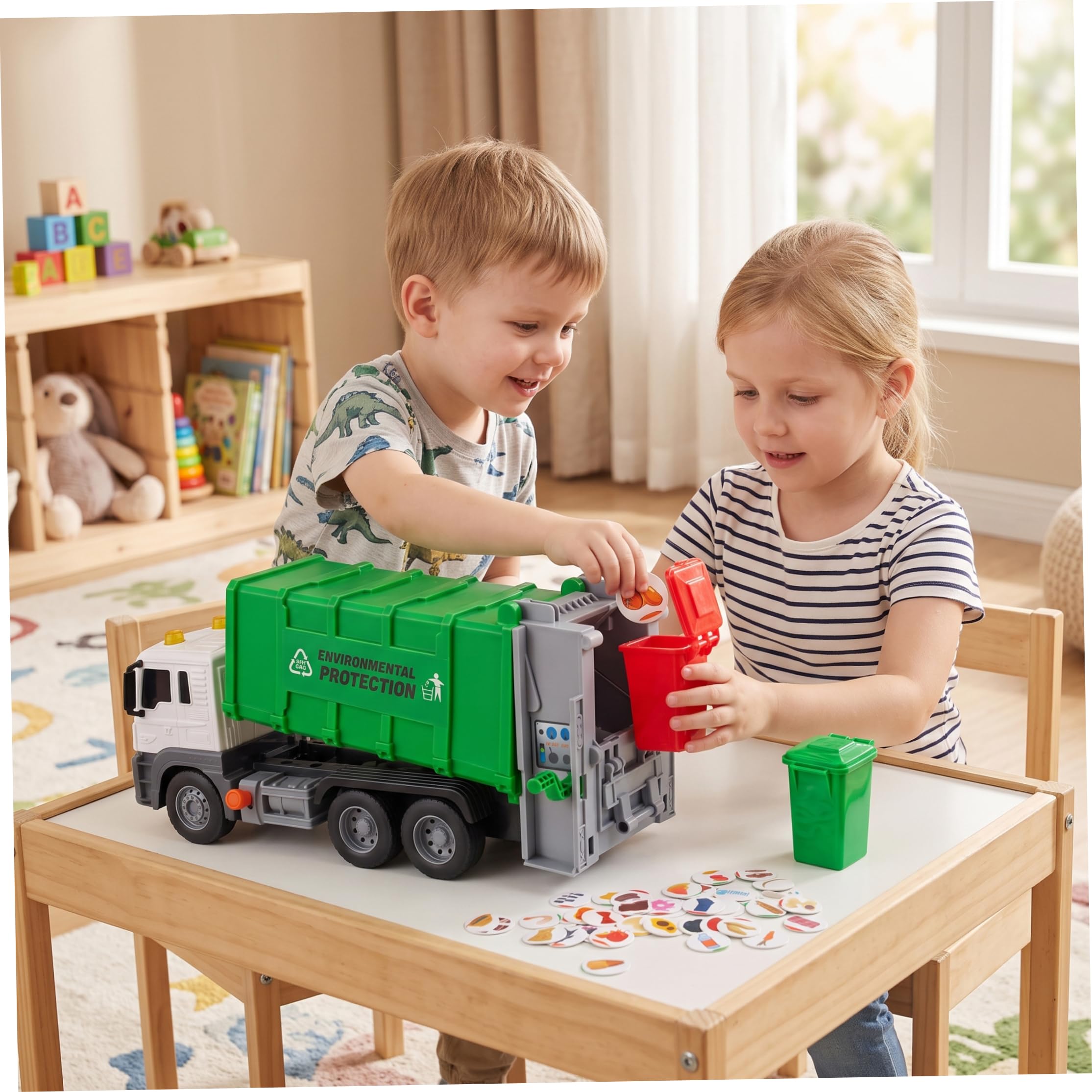 Juguete de camión de Basura con Elevador neumático, Verde, 1 Juego, diversión con Elevador Resistente y accionado por Aire para niños Mayores de 3 años para Aprender a Jugar