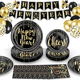 2026 New Year Tableware Set 68 Pcs Black and Gold New Year Dinner Plates Napkins Banner Balloons for New Years Eve Decorations 2026