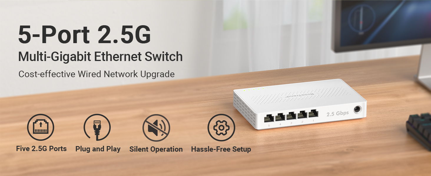 BrosTrend 8-poorts 2,5G Ethernet-schakelaar Onbeheerde 2,5G Ethernet-switch Ondersteunt VLAN en Statisch Link Aggregation, Ethernet-hub, Desktop-/Wandmontage, Beperkte Levenslange Bescherming