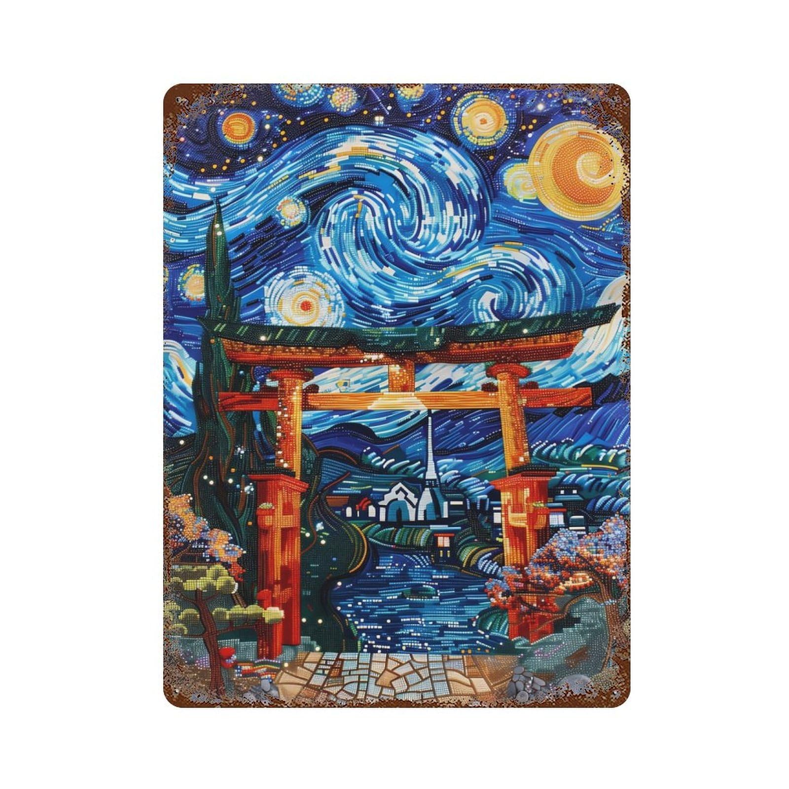 Torii Gate Stary Night Art Vintage Rust Metal Sign 15.7"x11.8", Ideal for Basement, Hobby Room And Garage Decor