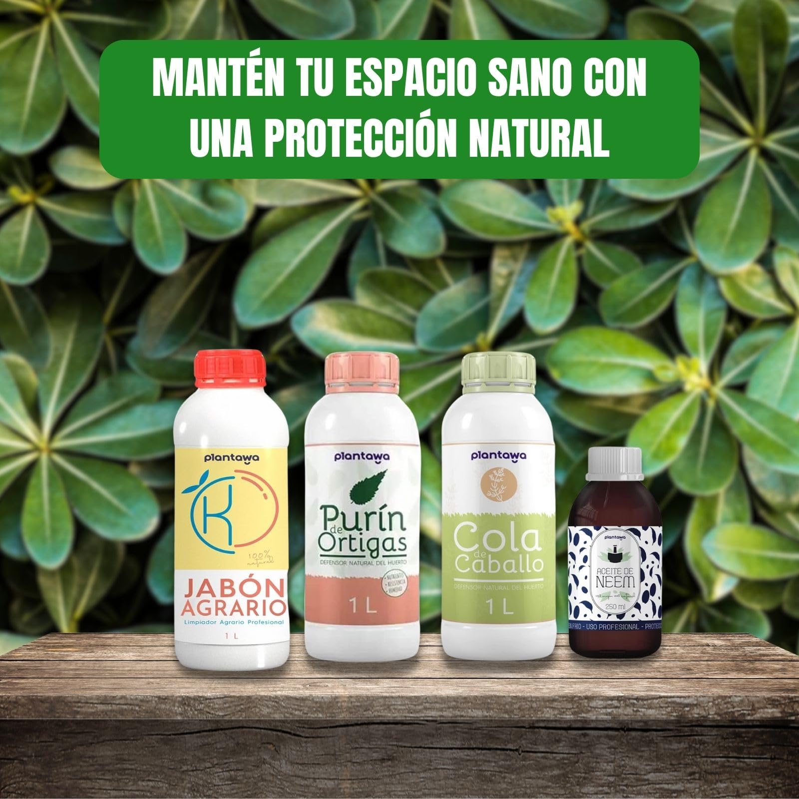 PLANTAWA Protección TOTAL: Jabón Potásico 1L, Aceite de Neem 250ml, Purín de Ortiga 1L, Cola de Caballo 1L | Solución Versátil | Fácil Aplicación | Cuidado Eficaz y Seguro