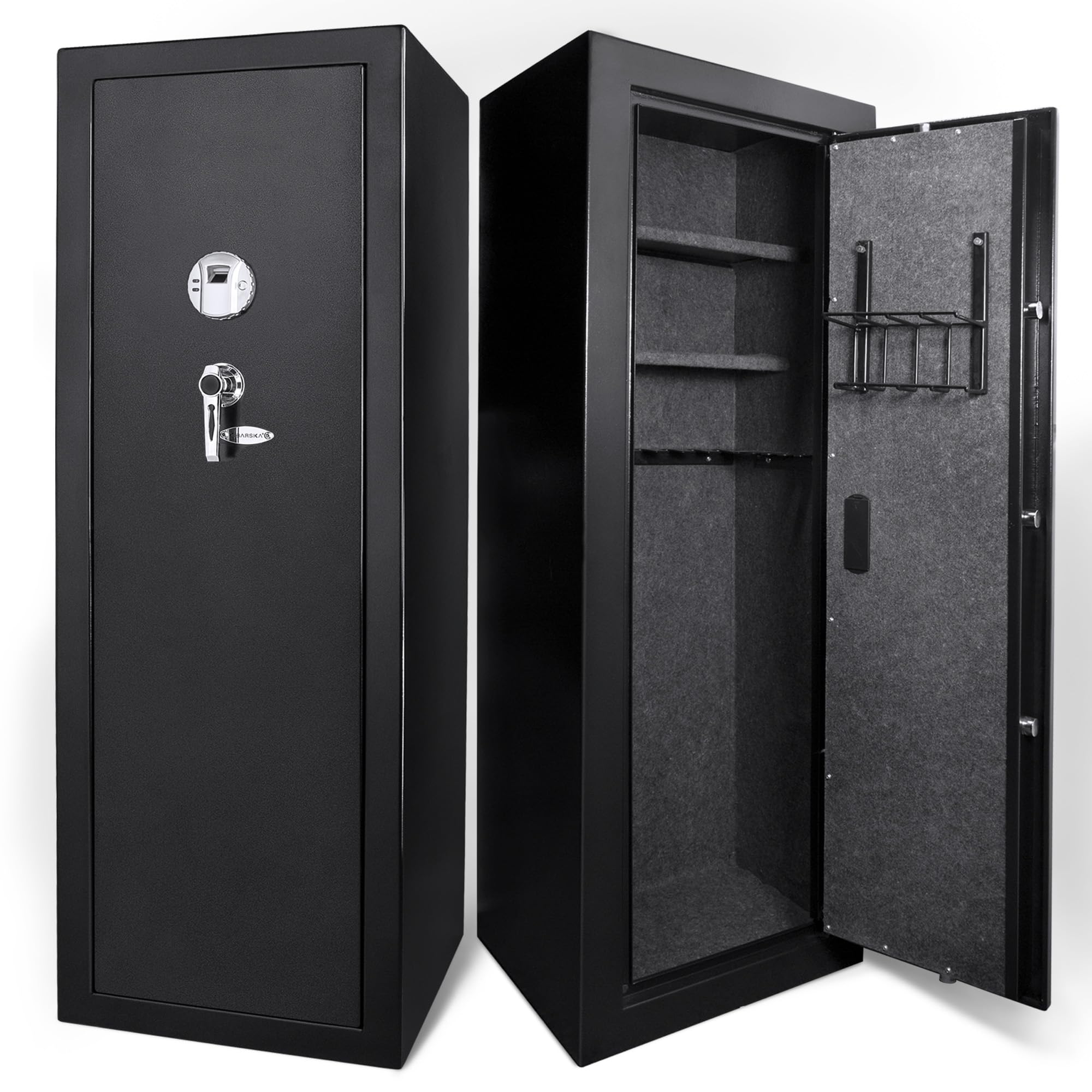 Barska Biometric Rifle Safe – 16 Rifle Capacity, Fingerprint Gun Safe with 120 Scan Memory, DOJ Approved, Silent Mode, 5-Point Steel Lock, Removable Shelf, Battery & Key Backup