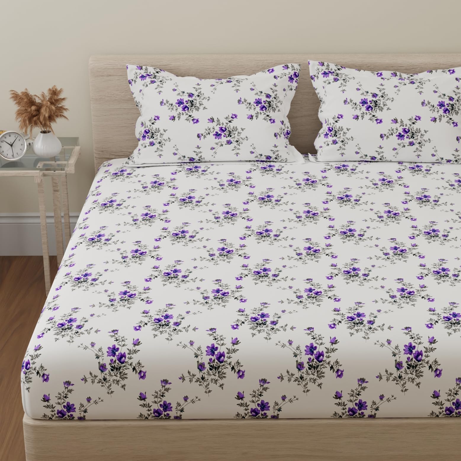 Huesland by Ahmedabad Cotton 144 TC Cotton Bedsheet for Double Bed with 2 Pillow Covers - White, Purple-picture-39
