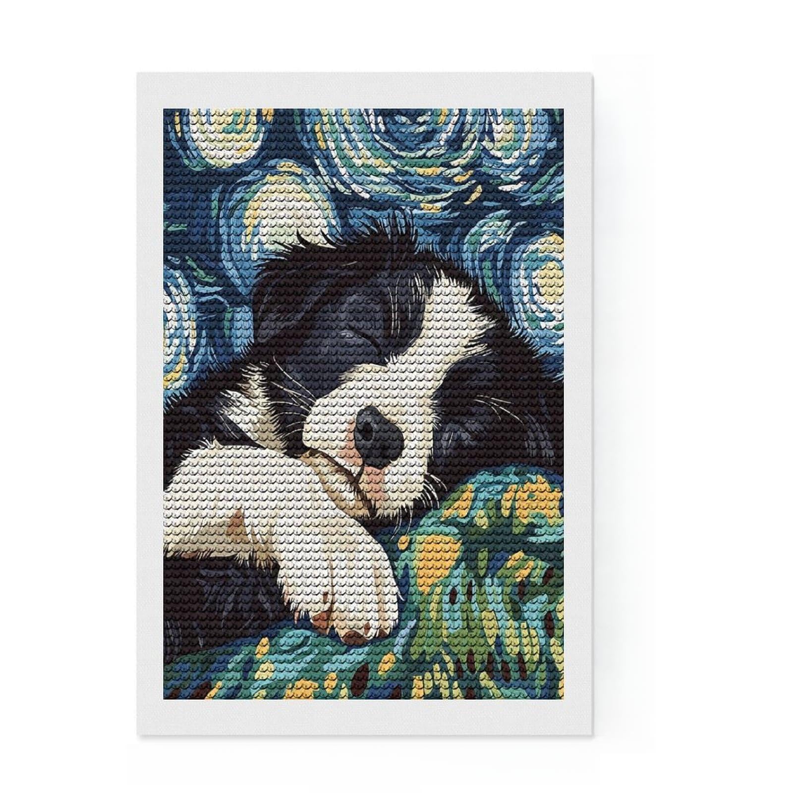 Junmoney Sleeping Border Collie Starry Night Diamond Painting Canvas Set 8"x12", Living Room Decor, for Adults, Stress Relief Craft, Festive Craft Gift