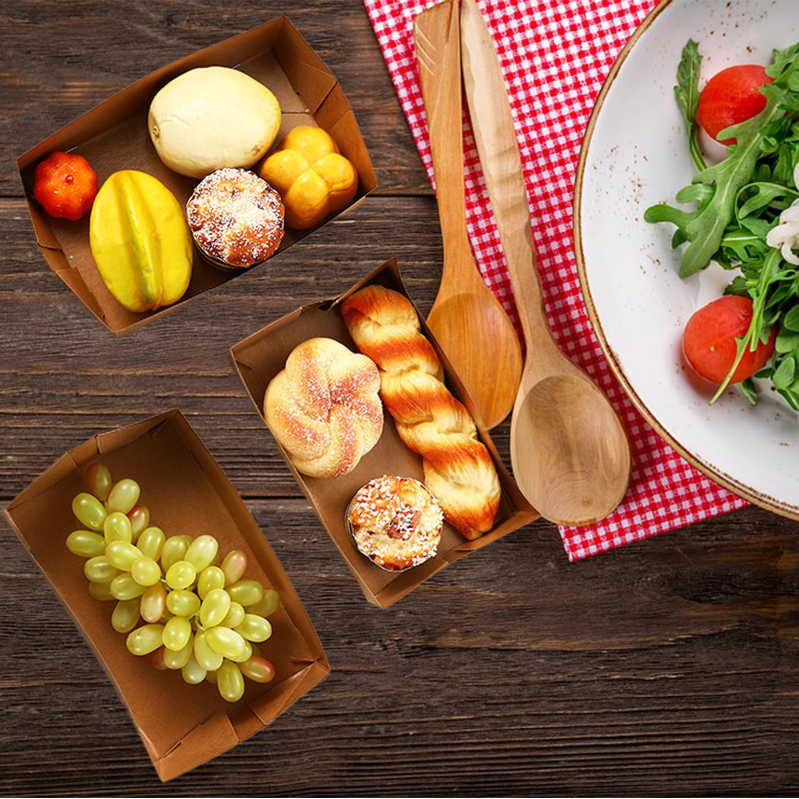 Nexboraque Confezione da 100 vassoi di carta usa e getta, rettangolari in carta kraft, pieghevoli, 4 vassoi angolari in cartone per alimenti pop-up, per fast food, nacho, snack, stadi, teatri, marrone