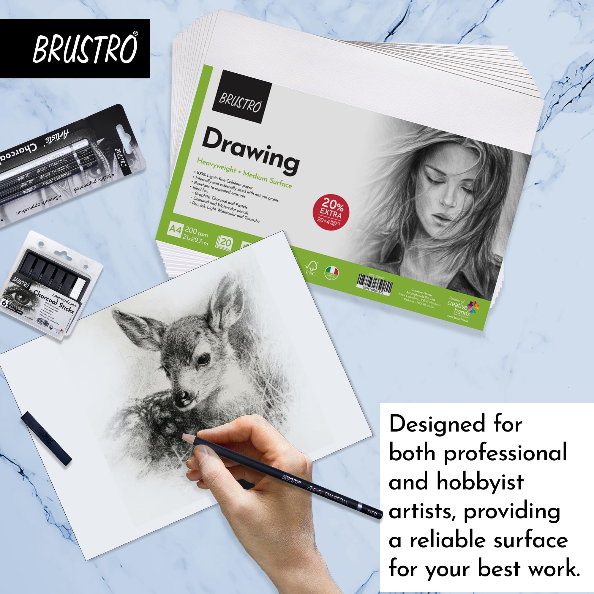 BRUSTRO Drawing Papers | 200 GSM, A4, Pack of 24 (20+4 Sheets) | Ideal for Students and Adults, School, Coloring, Professional Art, Craft, Graphite, Charcoal, Pastels, Sketching, Shading, Drawing — Amazon image 4