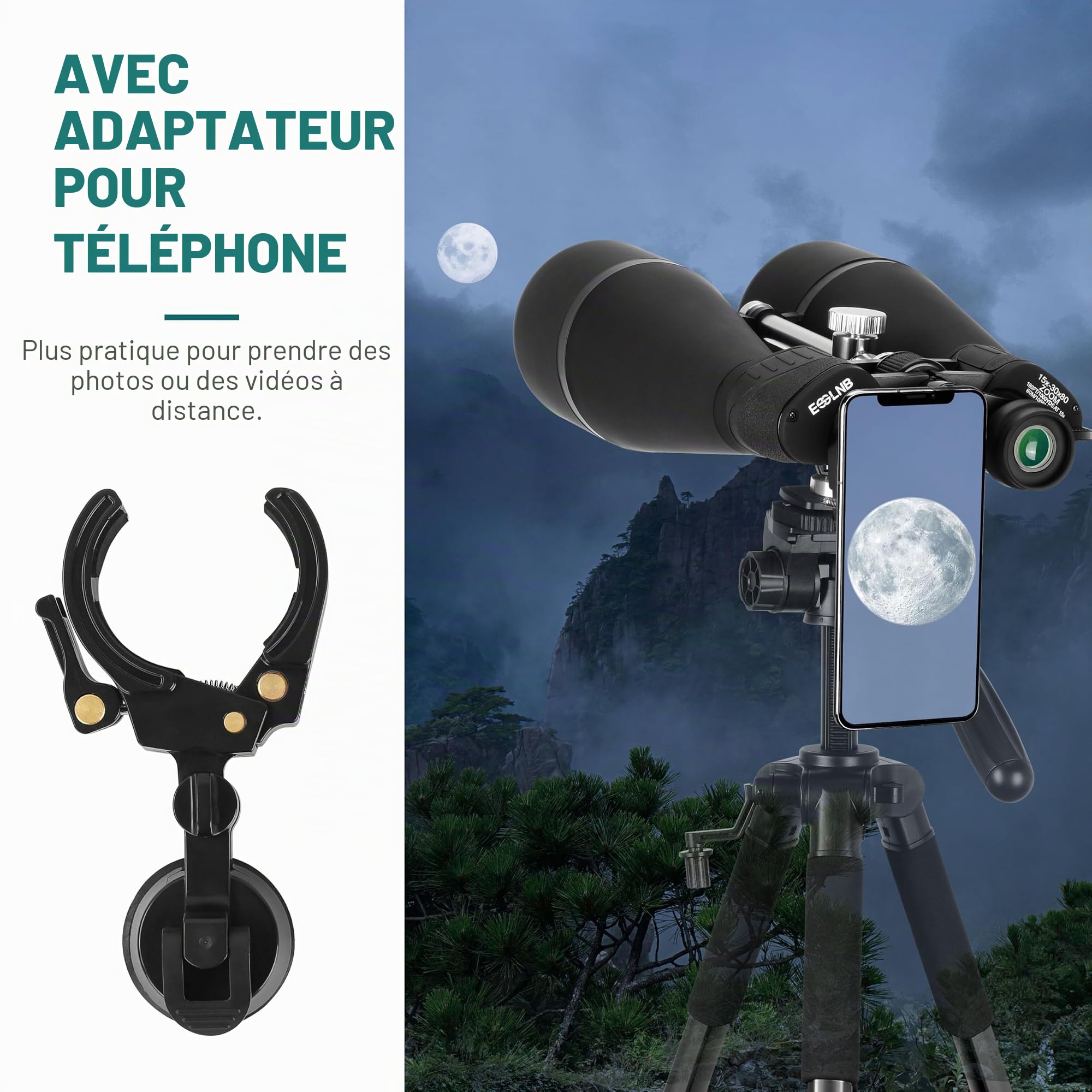 ESSLNB 15-30X80 Jumelles Astronomiques avec Trépied Intégré, Jumelles Géantes Grossissement Variable avec Adaptateur Téléphone, Prisme Bak-4 FMC pour Observation des Étoiles, Oiseaux et Chasse