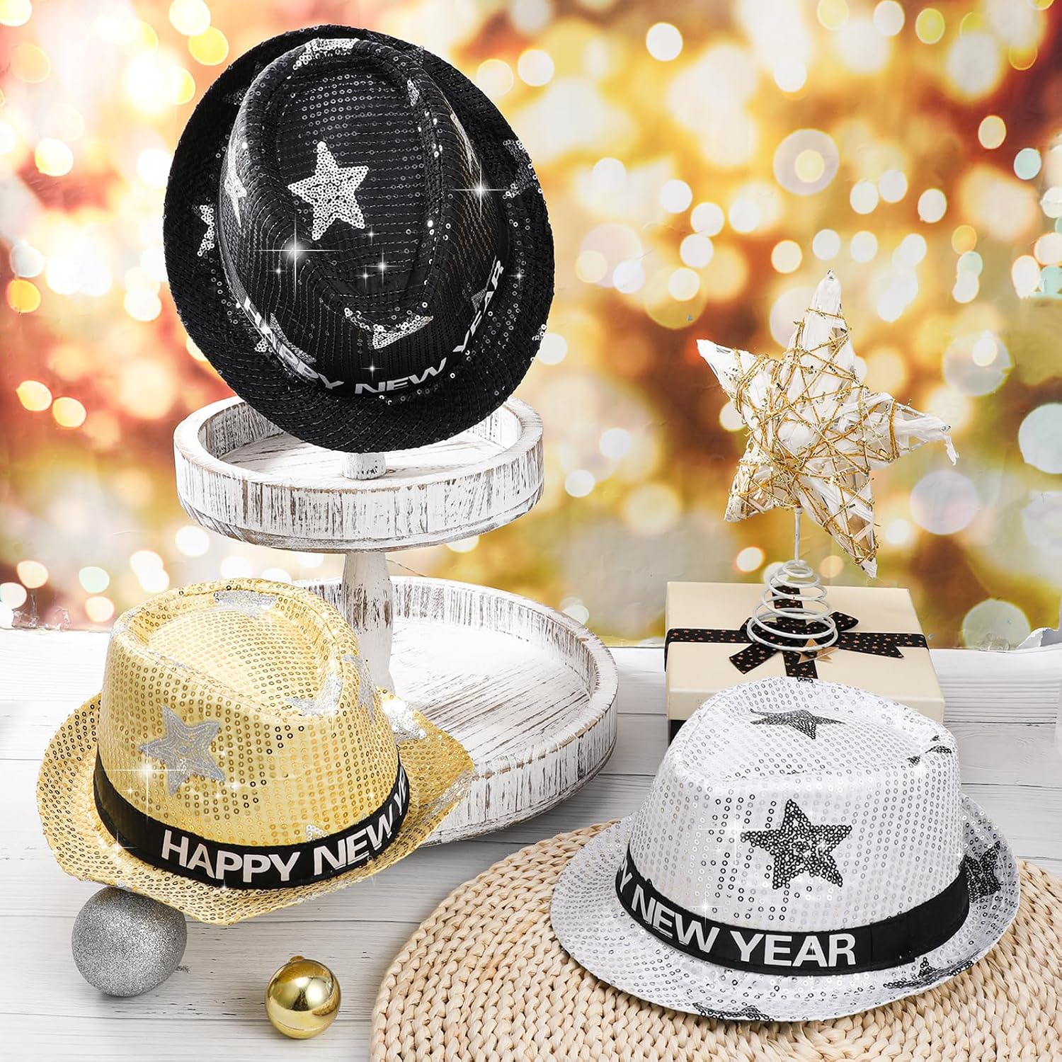 HOWAF 2026 New Year's Eve Party Supplies - 3 Pack Fedora Hats with Shiny Sequins in Gold, Silver & Black for Men & Women, Happy New Year Sequins Hats, News Years Top Hats with Glitter