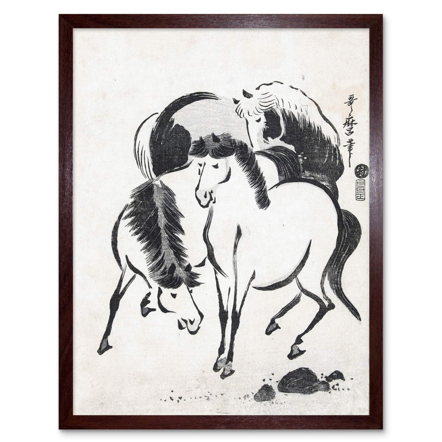 Artery8 Kitagawa Utamaro Three Horses Japanese Drawing Art Print Framed Poster Wall Decor 12x16 inch