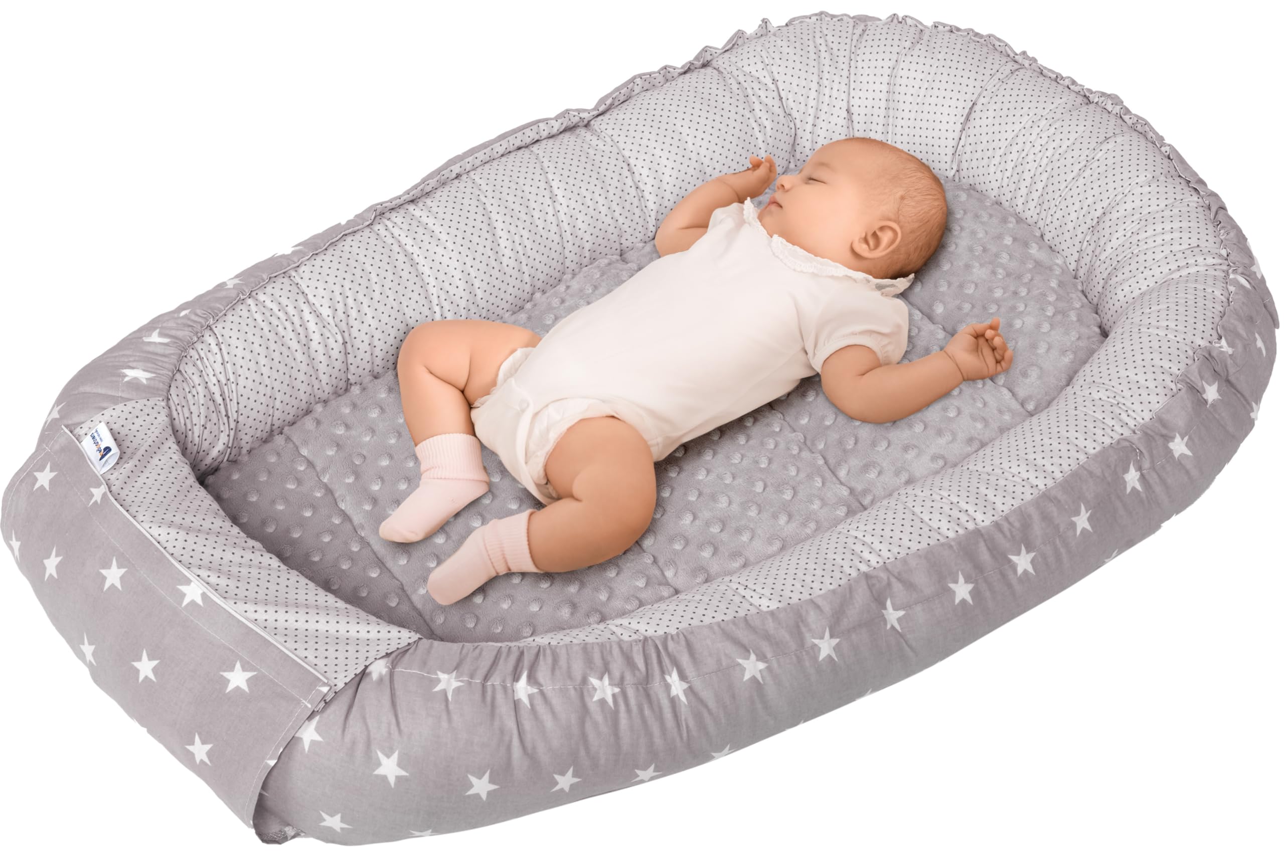Medi Partners Babynest Nestchen für Neugeborene - 100x60x15 Babynestchen Baby zweiseitg Nest Bett 100% Baumwolle Minky Kuschelnest tragbar (graue Sternen mit graue Minky)