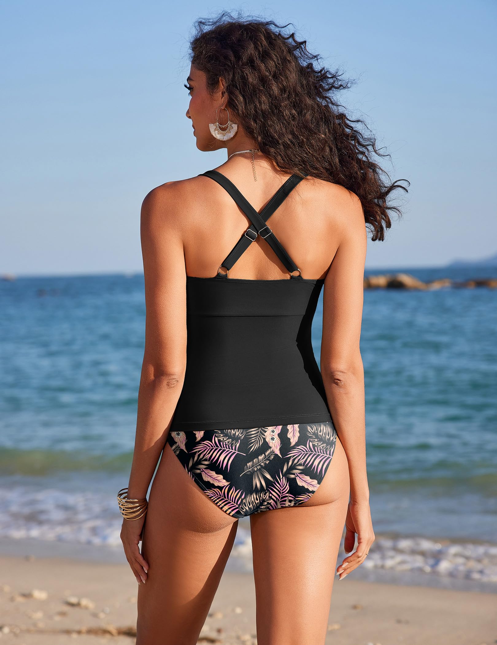 Ekouaer Tankini damski dwuczęściowy kostium kąpielowy, wyszczuplający brzuch, zestaw typu crossover, tankini, wysoka talia, moda kąpielowa