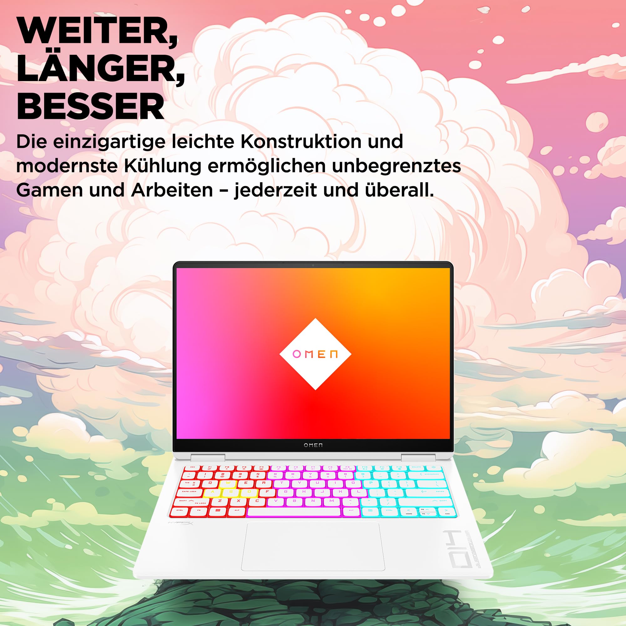 HP Omen Transcend Gaming Laptop, 14 Zoll 2,8K OLED 120Hz, Intel Core Ultra 7 155H, 16 GB DDR5 RAM, 1 TB SSD, NVIDIA GeForce RTX 4060 (8GB), QWERTZ, Windows 11, Weiß inkl. HyperX Cloud III Wireless