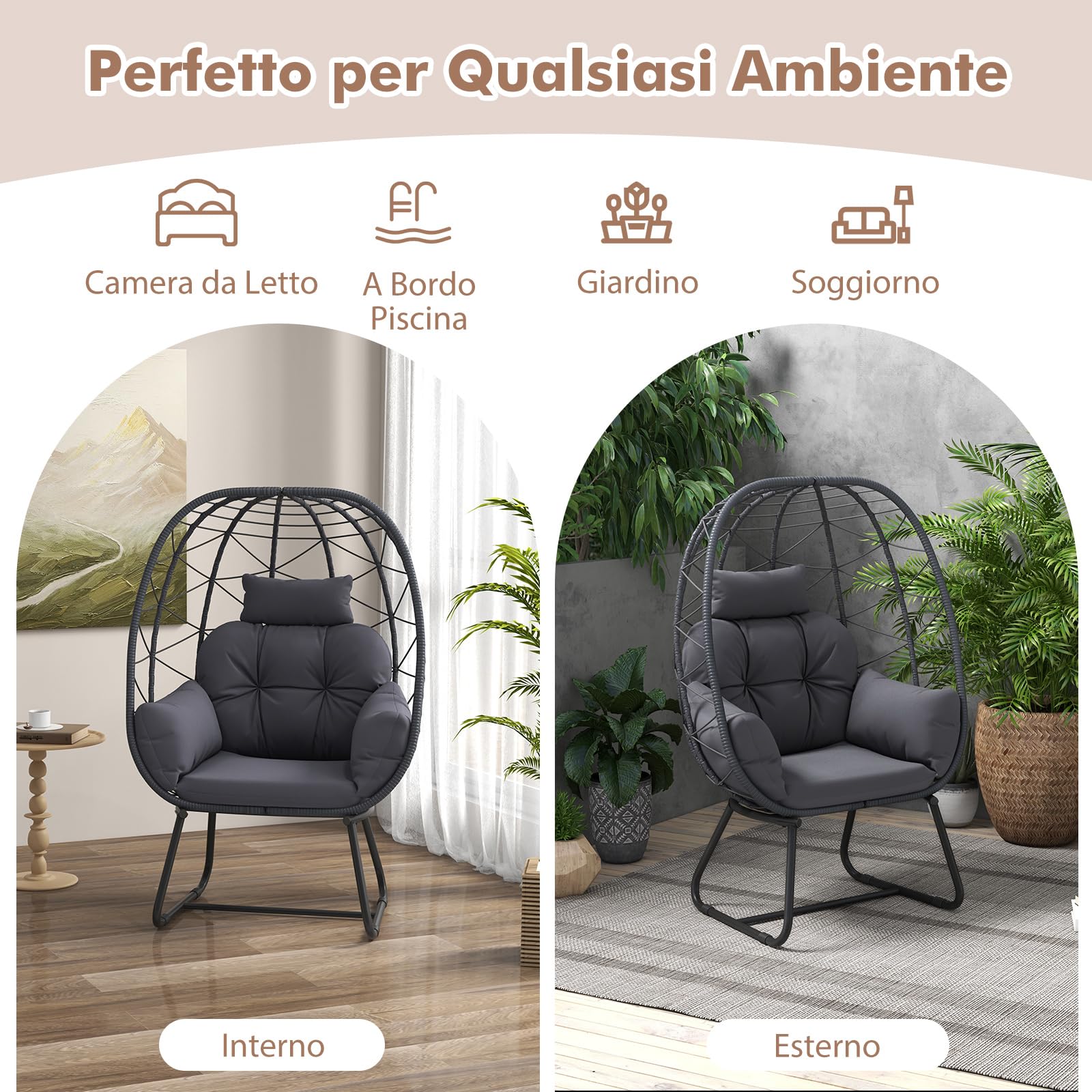 COSTWAY Poltrona in Rattan da Giardino, Cuscino Rimovibile (Grigio)