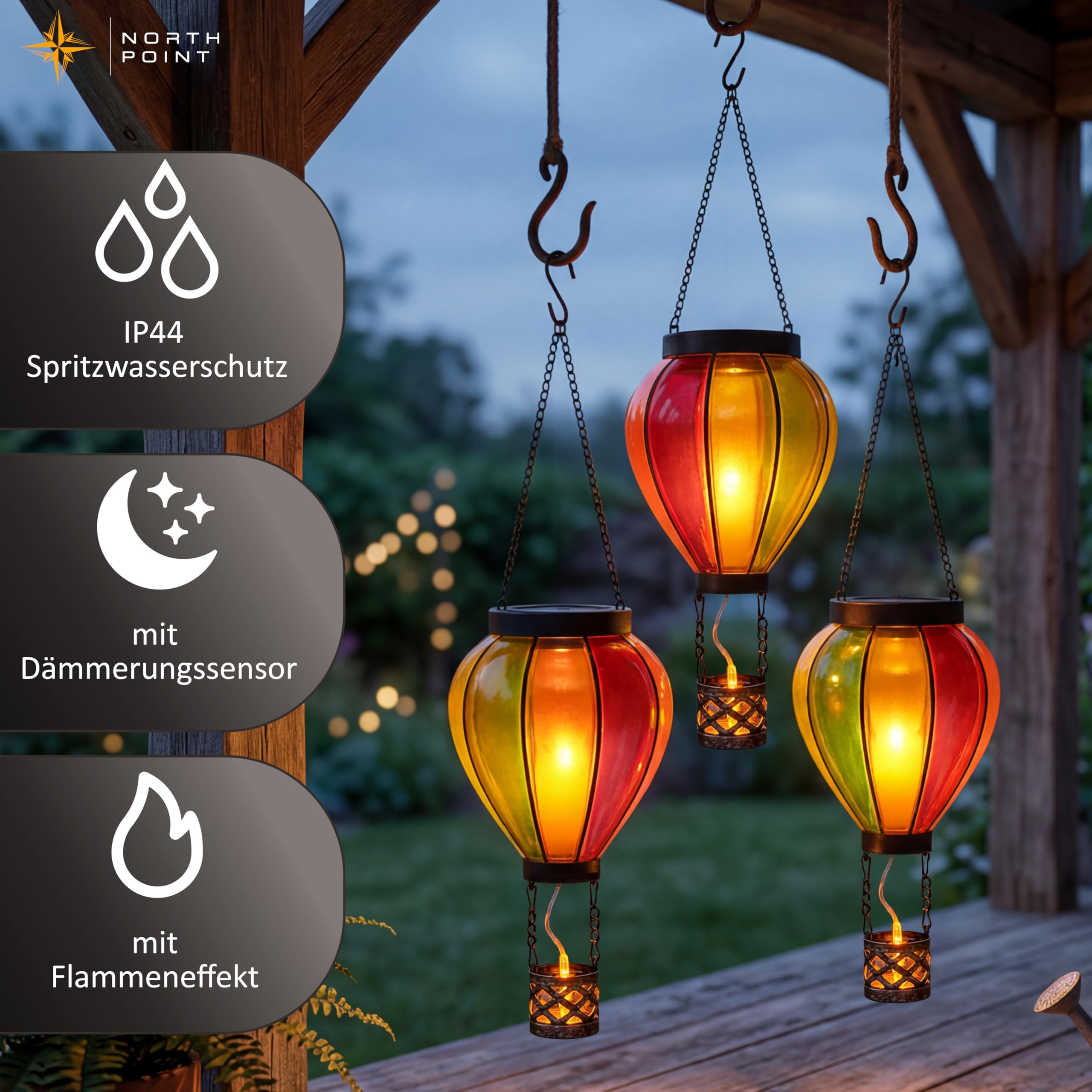 Northpoint LED Solar Heißluftballon 3er-Set IP44 Außenleuchte bunt warmweiß