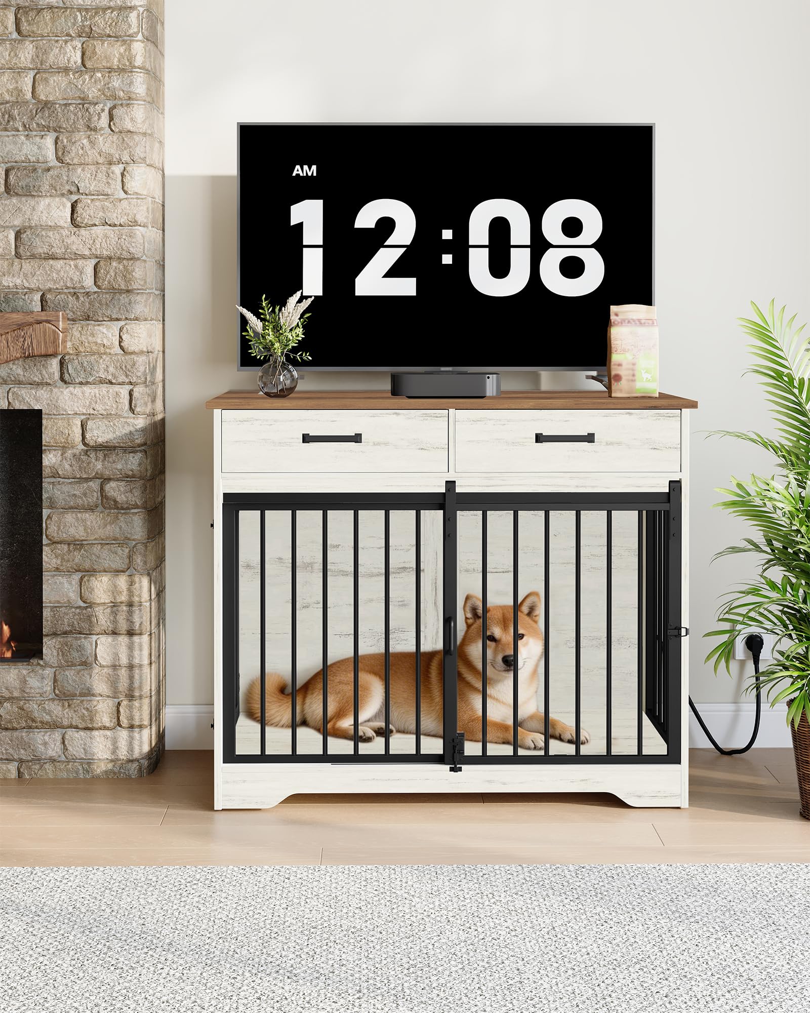 Cage pour Chien Meuble avec Prise, Table d'appoint pour Moyens/Grands Chiens, 97 x 56 x 81 cm, Blanc et Marron