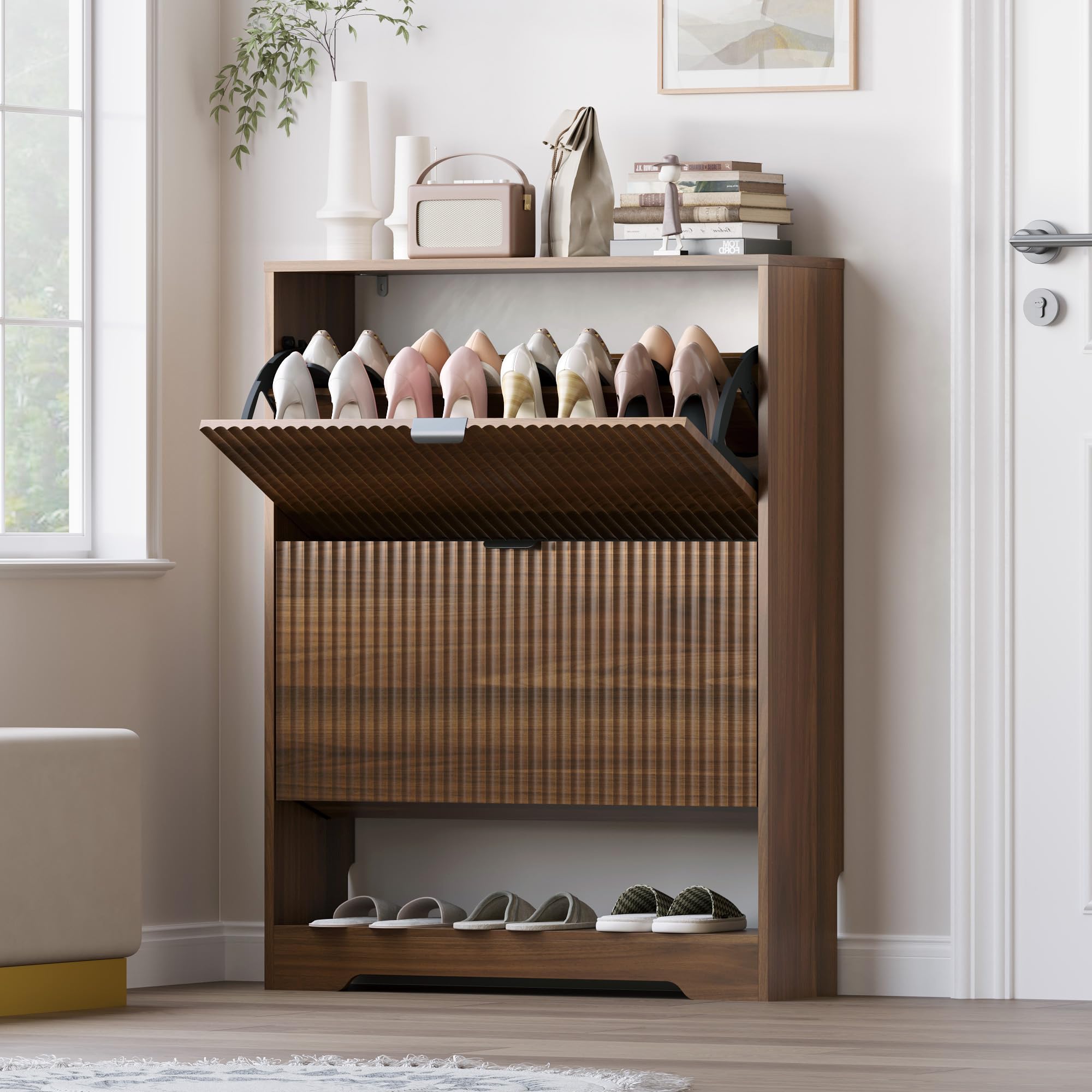 BORNOON Shoe Cabinet with 2 Flip Drawers, Fluted Shoe Storage Cabinet with Adjustable Shelves, Freestanding Rack and Organizer for Entryway, Closet, Hallway