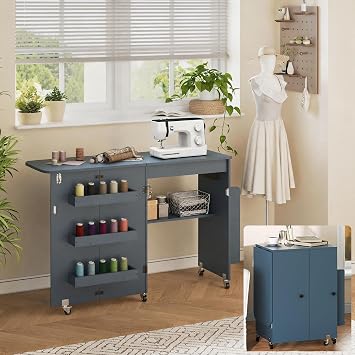 Folding Sewing Table with Power Outlet, Rolling Sewing Desk with Side Storage Rack, Compact Portable Sewing Cabinet for Sewing Machine, Craft Table Organizer for Home Blue