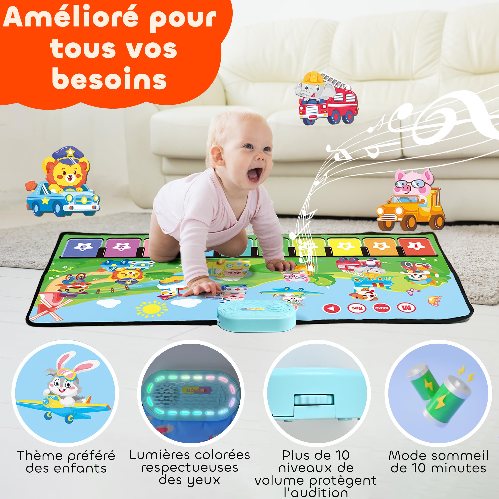 MOMUSE Jouet Bebe 1 an avec 80 Sons, Tapis Musical avec 10 Animaux et 10 Voitures, Piano Enfant Tapis de Danse Cadeau Bebe Garçons Filles 1 2 3 Ans