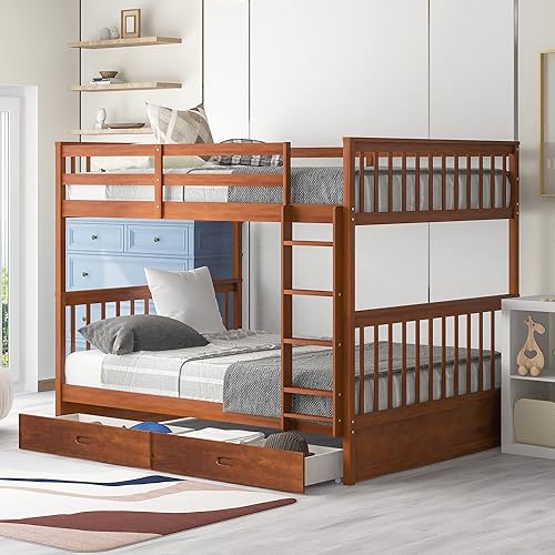 Merax Full-Over-Full Bunk Bed with Two Storage Drawers, Solid Wood Full Size Bunk Bed with Guardrail and Removable Ladder, Can be Converted Into 2 Separate Beds, Walnut