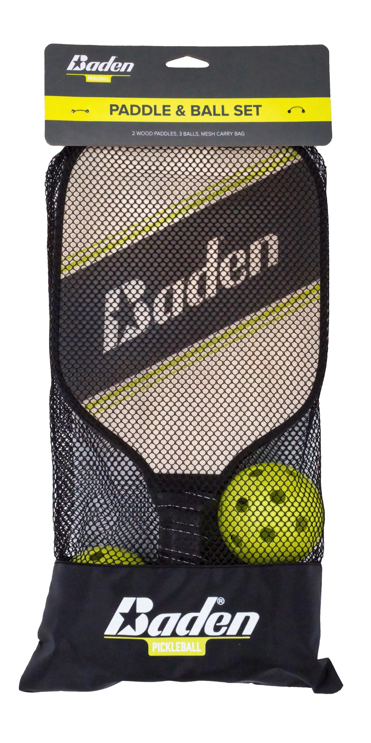 Baden | Pickleball Starter Set | 2 pagaie in legno + 3 palline da pickleball + borsa per il trasporto in rete