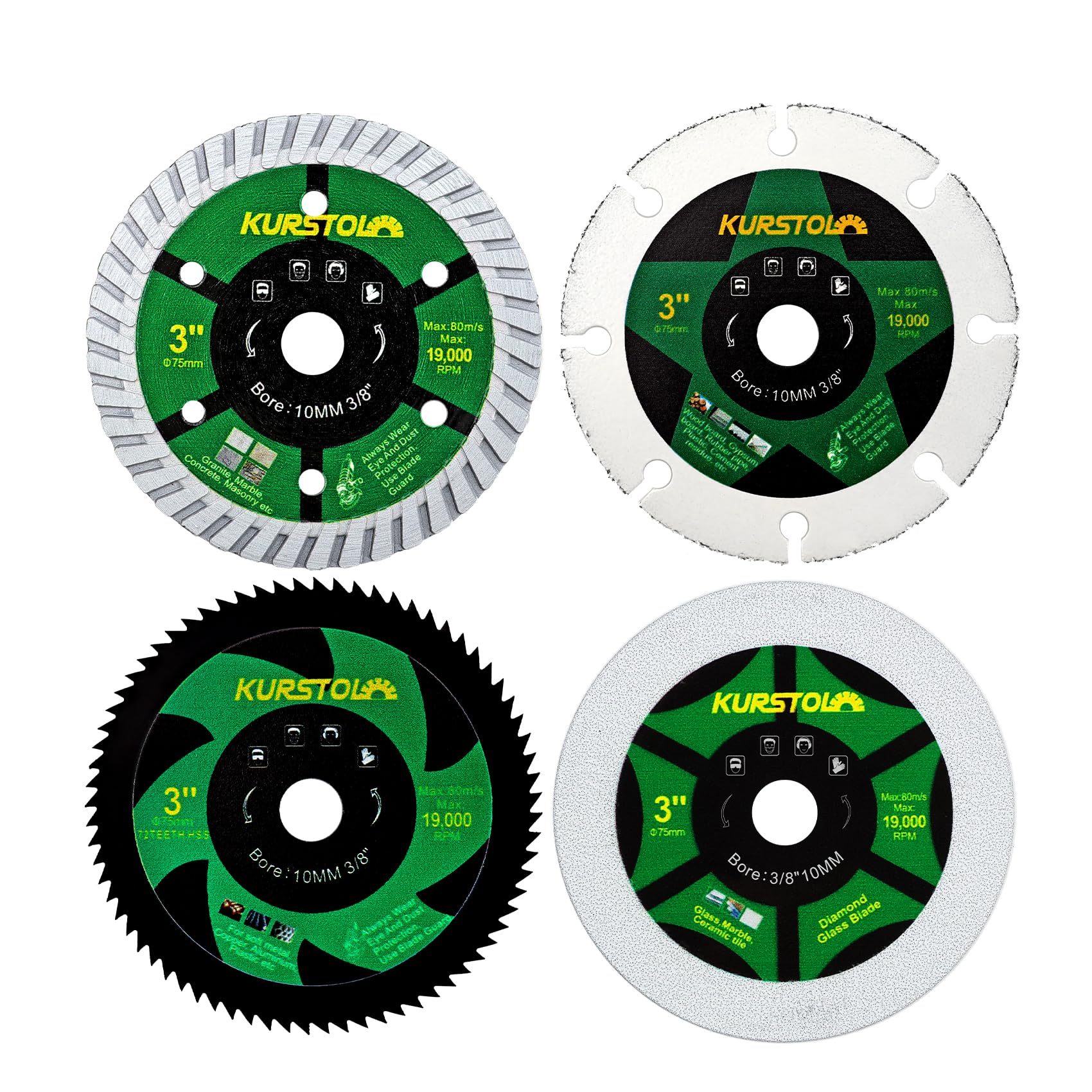 KURSTOL Diamond Saw Blade Set - 4pcs 75mm Cutting Disc for Concrete Metal Wood Glass with 10mm Bore for Mini Angle Grinder