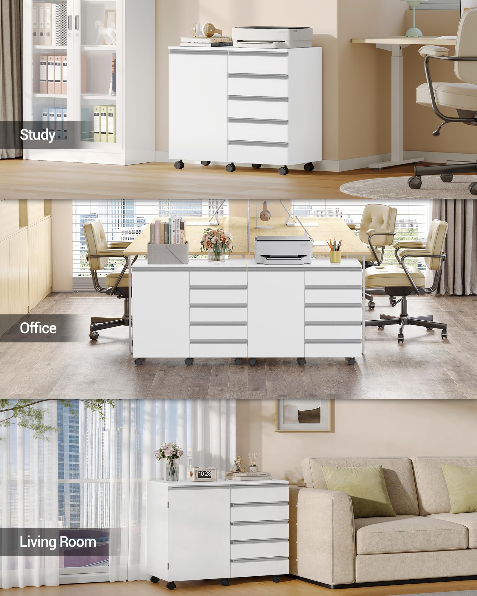 Hzuaneri 80 cm Cassettiera Scrivania su ruote con 5 cassetti e anta, Cassettiera archivio mobile con rotelle, Mobile salvaspazio sotto scrivania con ampio spazio contenitivo, Bianco FC52503X