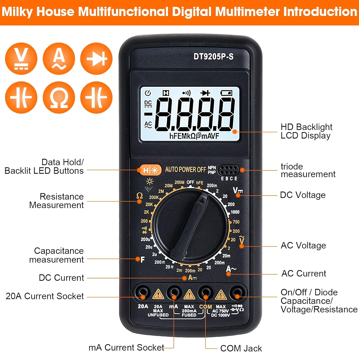 Digital Multimeter Tester, Multimeter Tester Pocket Voltmeter, Multi Tester Digital, Electric Tester with Backlight LCD Data Hold, Voltage Tester Power Continuity Tester with AC/DC Ohm Volt Amp Diode
