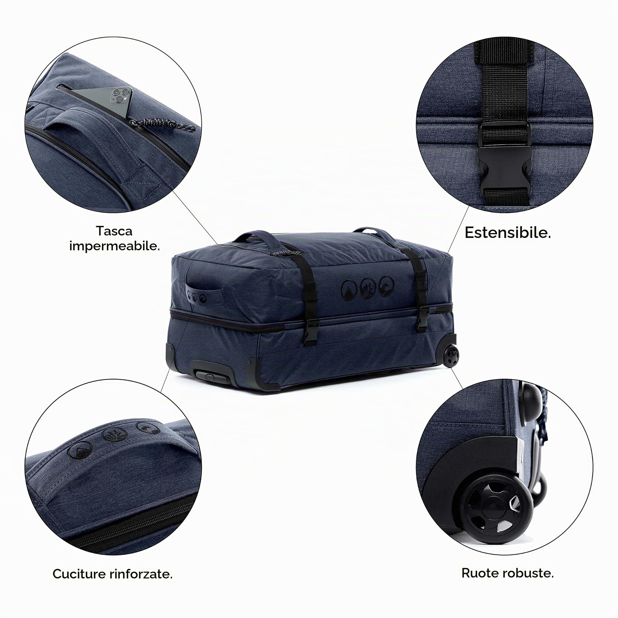Borsa da viaggio sostenibile PET riciclato KANE │ valigia sportiva trolley da viaggio uomo donna, da PET riciclato │ bagaglio resistente con 2 ruote fatto a mano
