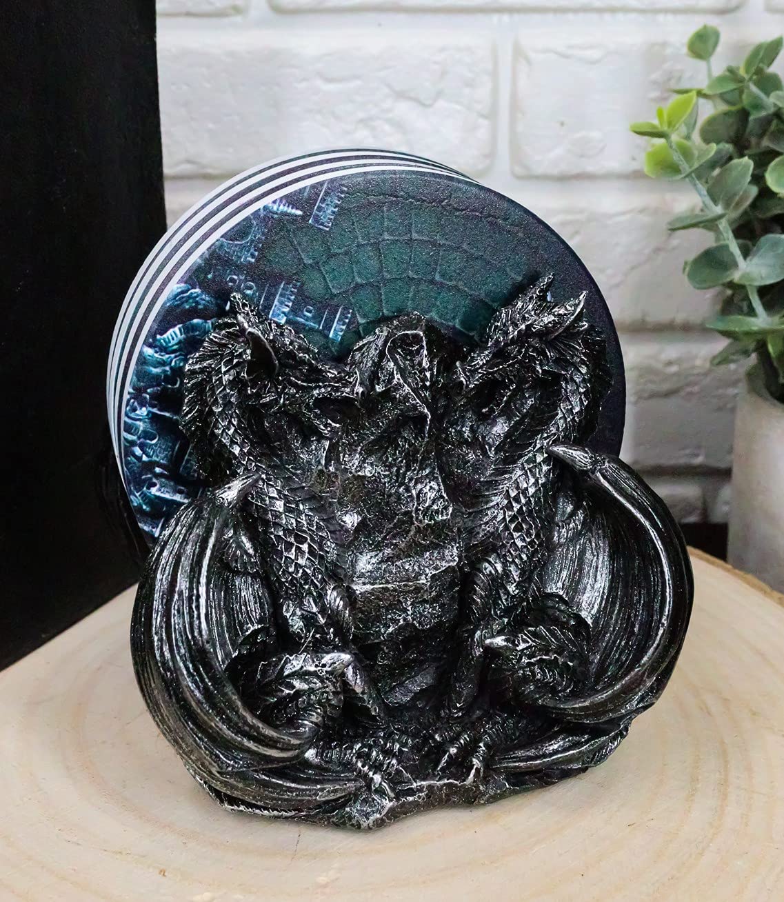 Ebros Gift Fear The Dragon Fire Behemoth of The Skies Dual Dragons Fantasy Coaster Set Figurine Holder and Four Round Dragon Castle Scales Coasters Medieval Dungeons and Dragons Legend