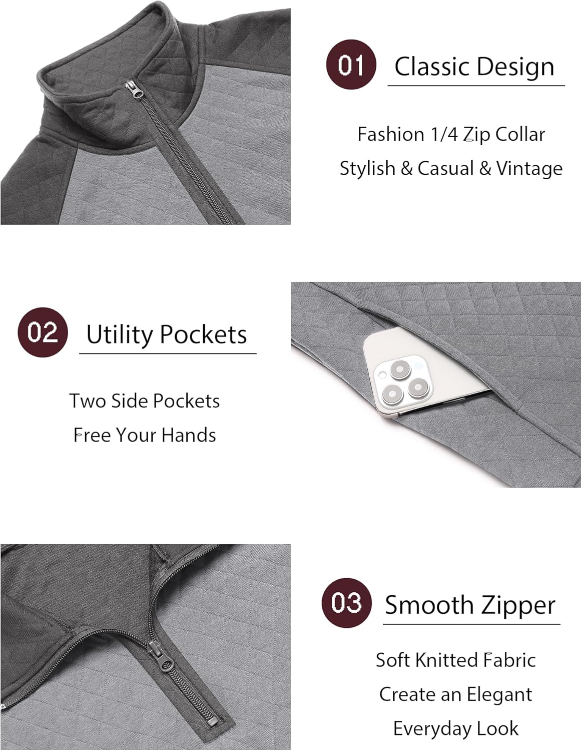 COOFANDY Mens Quarter Zip Pullover Quilted Sweatshirt Knit Long Sleeve Sweater Half Zip Polo Sweatshirts with Pocket - Image 4